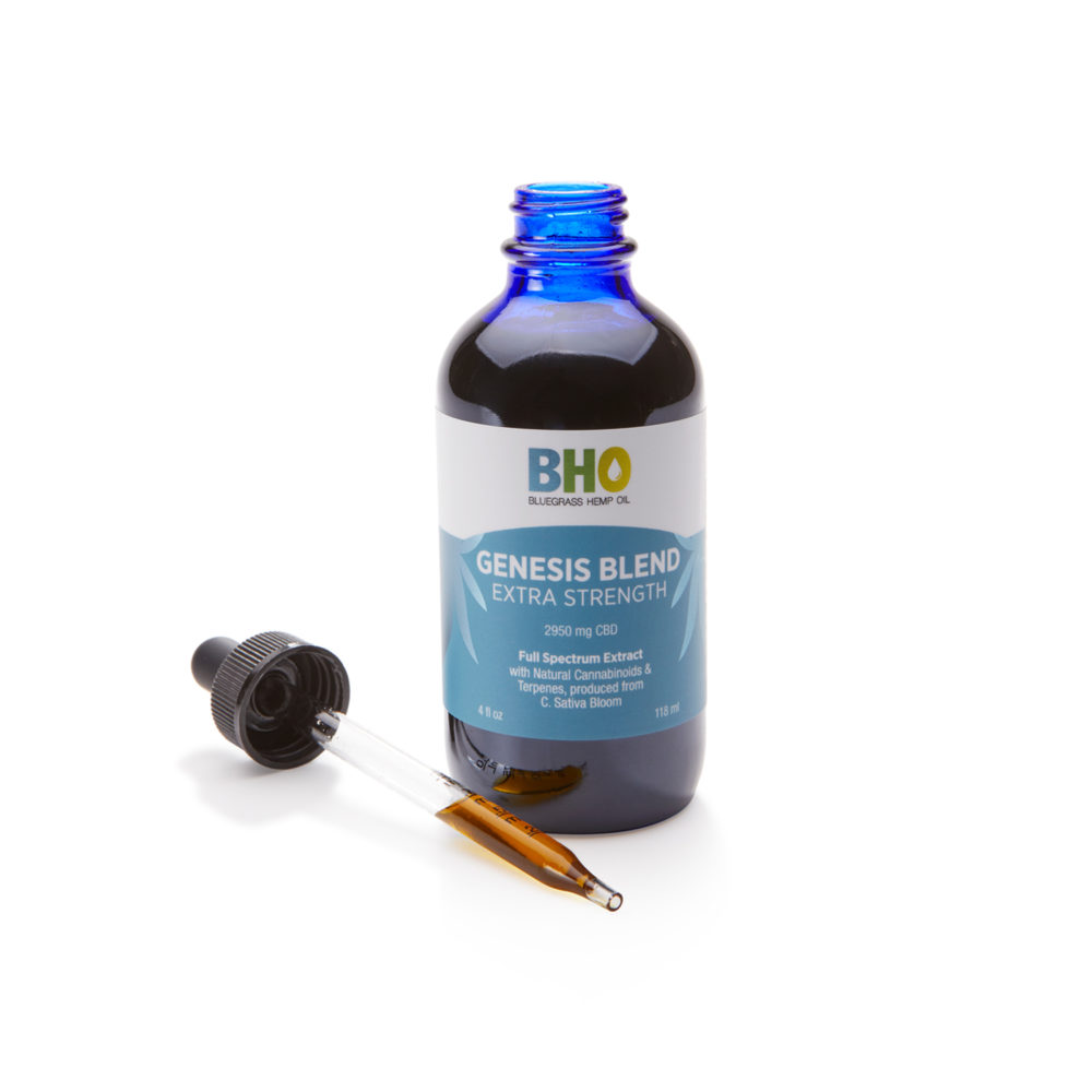 Image of the Bluegrass Hemp Oil Genesis Blend Extra Strength Full CBD hemp extract bottle.
