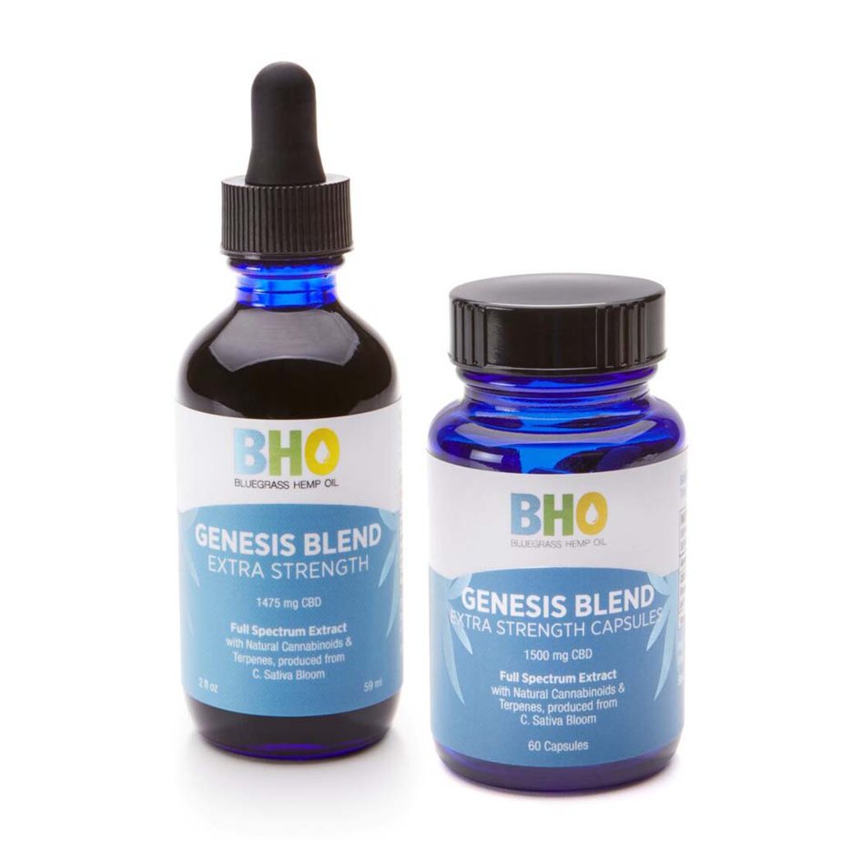 A close-up image of the Bluegrass Hemp oil AM/PM bundle. The bundle includes a 2oz bottle of Genesis Blend extra strength CBD oil and a 60 count of extra strength CBD capsules.