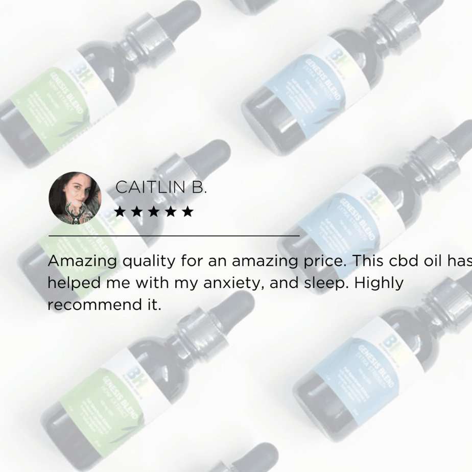 Image of a 5-star review for Bluegrass Hemp Oil's Genesis Blend CBD oil with customer testimonial highlighting its effectiveness for anxiety and sleep.