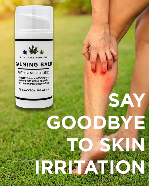 Lady scratching her inflamed leg, juxtaposed with an image of Bluegrass Hemp Oil's CBD calming balm, accompanied by text 'say goodbye to skin irritation.