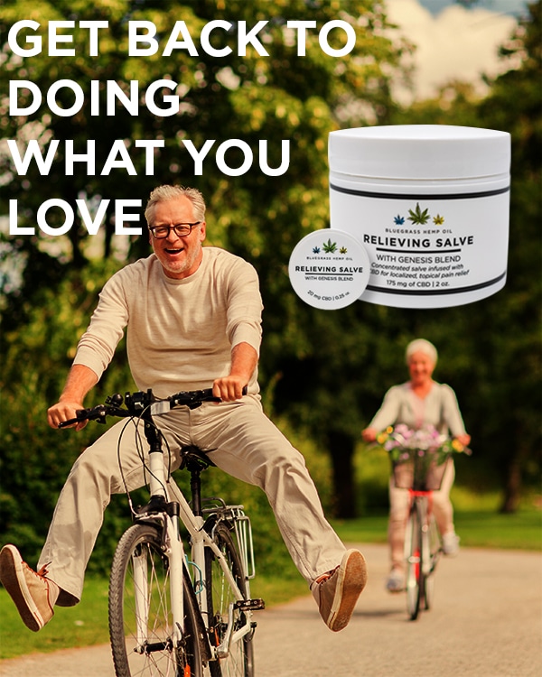 Image of a joyful man and woman riding bicycles, paired with an image of CBD Relieving Salve and the motivational words, 'Get Back To Doing What You Love.
