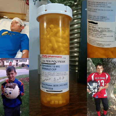 A series of images showing a boy with epilepsy who loves to play sports. The images include the boy playing basketball, soccer, and baseball. There are also images of the boy taking his epilepsy medication and receiving an EEG.