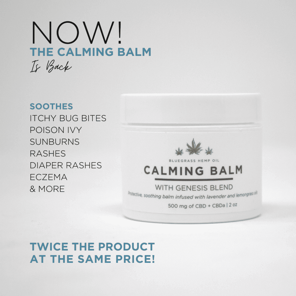 Image of the Calming Balm with bold letters stating its uses: 'Soothes Itchy Bug Bites, Poison Ivy, Sun Burns, Rashes, Diaper rashes, Eczema and More