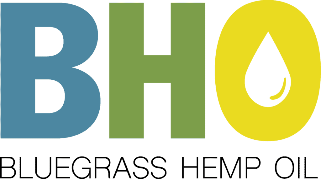Bluegrass Hemp Oil's BHO logo featuring a blue 'B', green 'H', and golden 'O' with a central oil droplet.