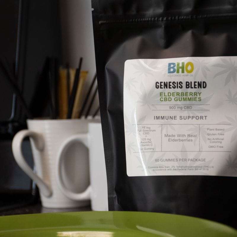 Genesis Blend CBD gummy bag featuring the Bluegrass Hemp Oil logo with "CBD Gummies made with real elderberry for immune support" in bold.