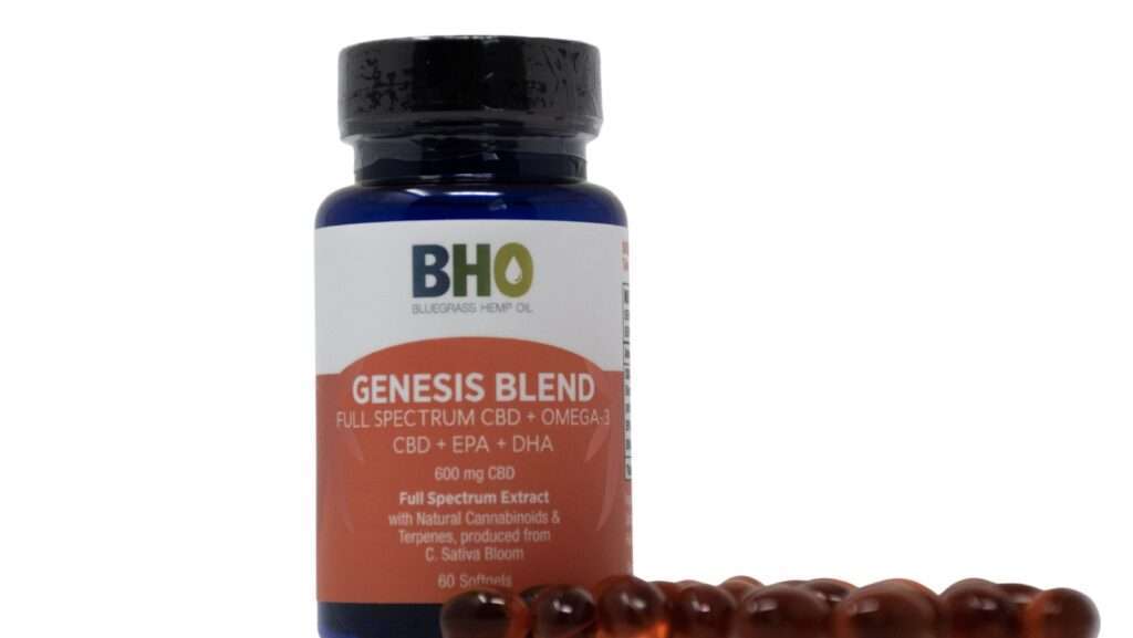 A bottle of Genesis Blend CBD and Omega-3 softgels capsules 