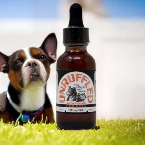 Unruffled CBD for pets Bacon Flavored with Black and White Dog 1oz size