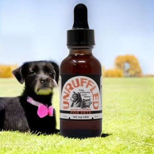 Unruffled CBD for pets Bacon Flavored with black dog. 5mg per ml 150 total mg in bottle
