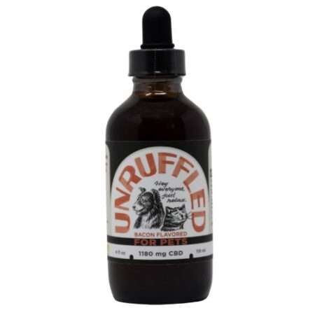 Bottle of Unruffled bacon flavored CBD oil for dogs, 4oz.