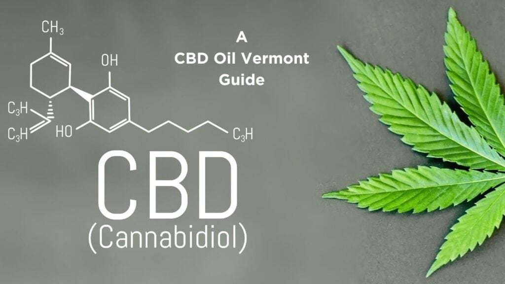  A close-up photo of the letters CBD, a molecule structure, and a vibrant green hemp leaf, representing CBD oil and its association with Vermont