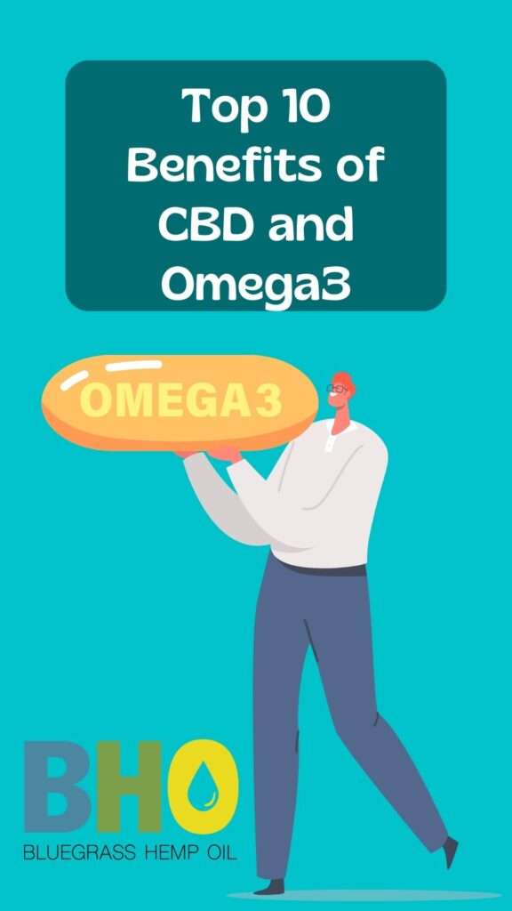 Infographic showcasing the top 10 benefits of Omega-3 and CBD, including improved heart health, reduced inflammation, enhanced brain function, stress relief, and more