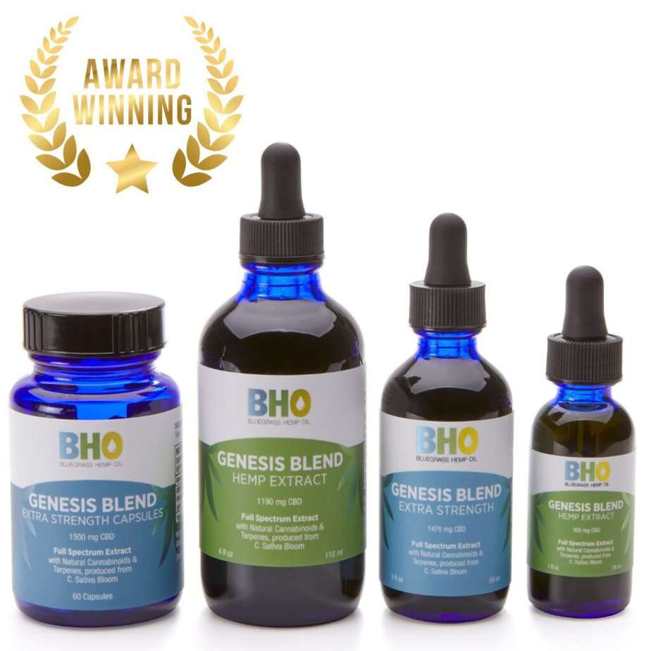 Four distinct CBD products from Bluegrass Hemp Oil displayed side by side: Genesis Blend Extra Strength Capsules, 4 oz Genesis Blend Full Spectrum CBD Oil, Genesis Blend Extra Strength Full Spectrum CBD Oil, and 1 oz Genesis Blend Hemp Extract CBD Oil