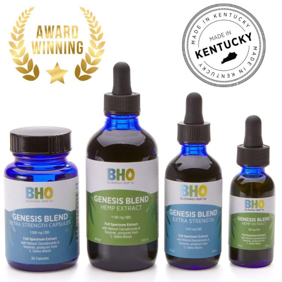 Photo showcasing a range of Genesis Blend CBD oil products including Extra Strength Capsules, CBD Oil, Extra Strength CBD Oil, and CBD Oil 1 oz.