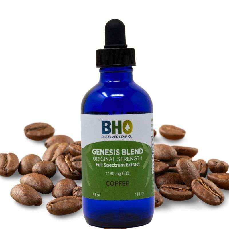 A 4oz bottle of Genesis Blend Full Spectrum CBD Oil in Coffee flavor.