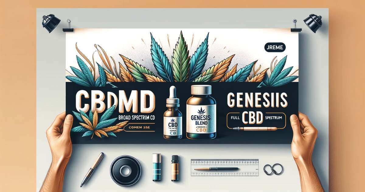 Banner featuring CBDmd Broad Spectrum CBD on the left and Genesis Blend Full Spectrum CBD on the right, set against a calming wellness-themed background.
