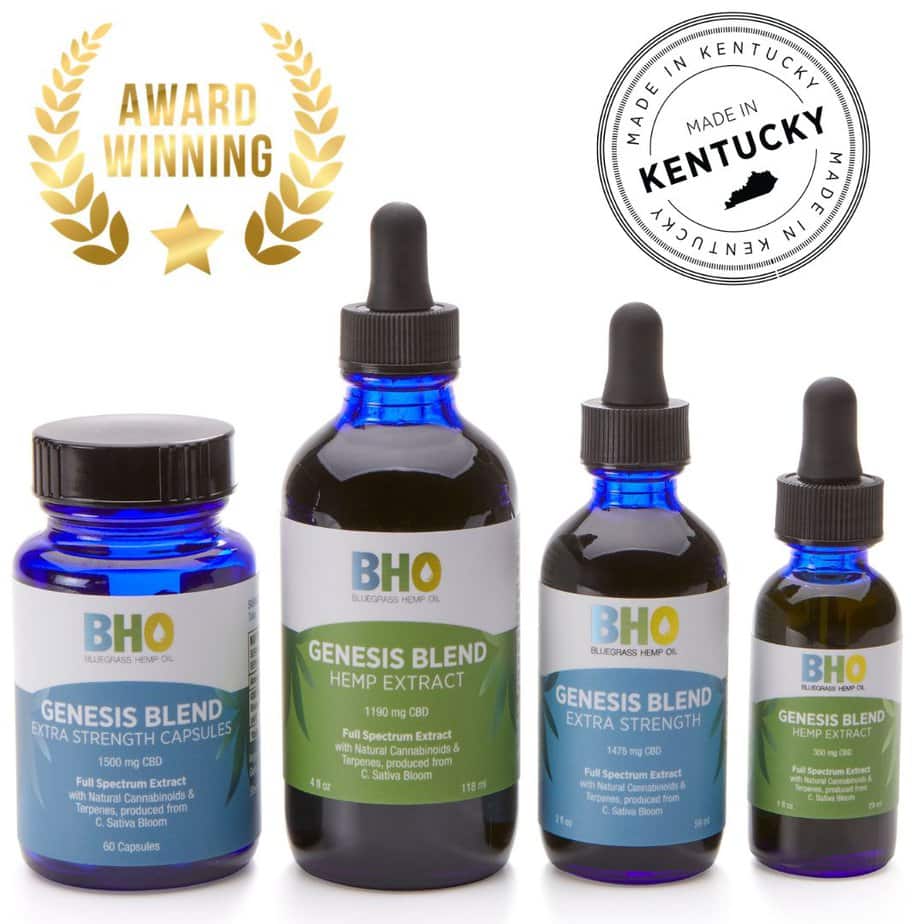 Genesis Blend full spectrum CBD oil products displayed together, including tinctures and capsules.