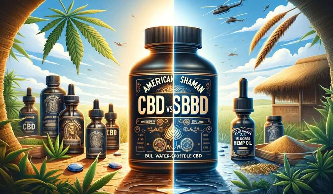 Digital illustration showing a comparison of American Shaman's sleek, modern water-soluble CBD products and Bluegrass Hemp Oil's natural, full-spectrum CBD products.
