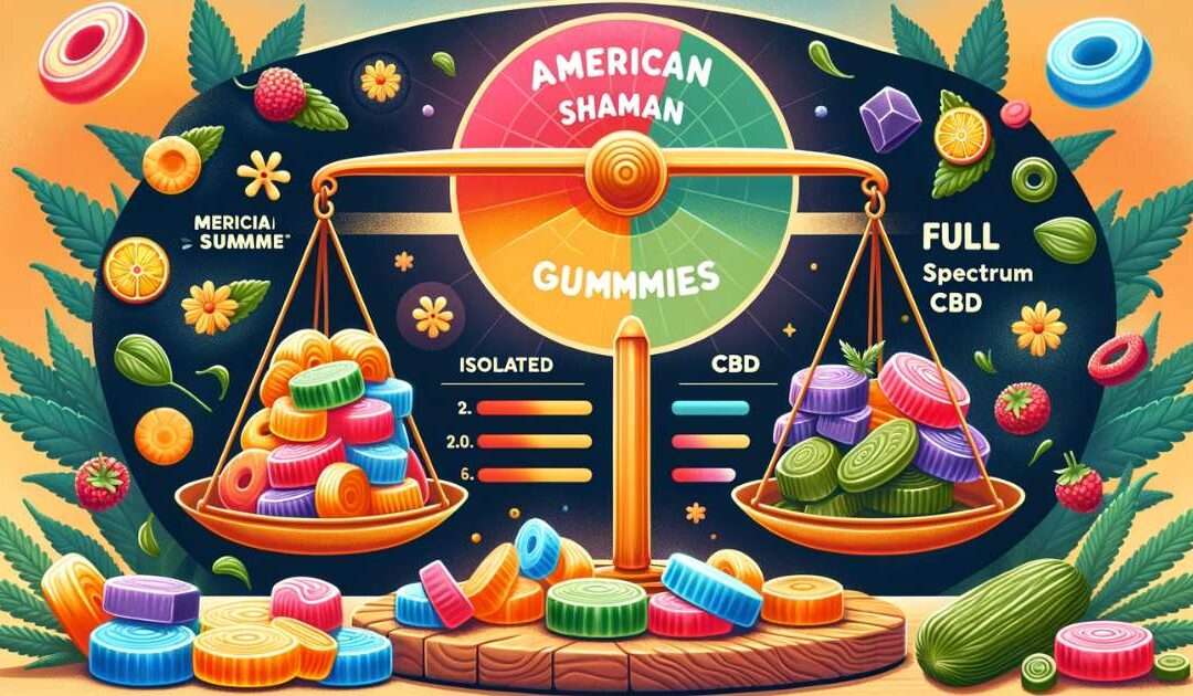 Illustration comparing American Shaman Isolated CBD Gummies and Bluegrass Hemp Oil Full Spectrum CBD Gummies with a comparison scale in the middle