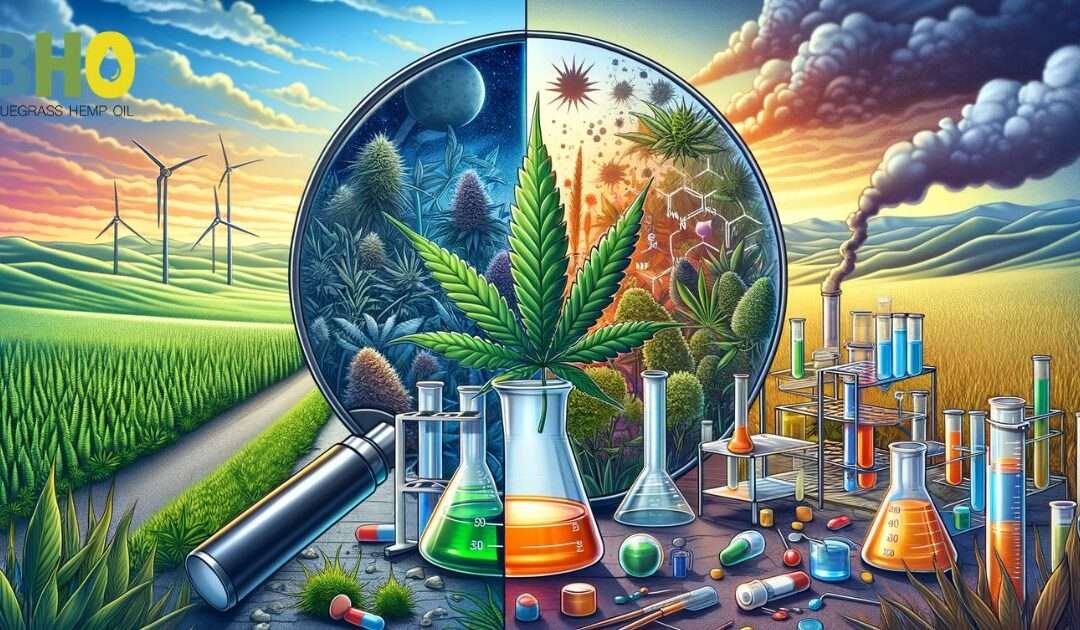 Illustration contrasting natural, serene landscape with hemp plant against chaotic laboratory with synthetic substances, symbolizing the difference between natural and synthetic CBD.
