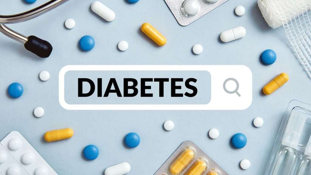 The word 'Diabetes' in bold letters surrounded by various pharmaceuticals, representing the theme of using CBD for diabetes management.