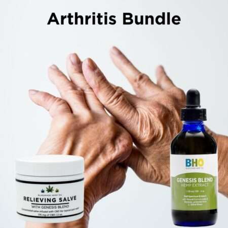 Arthritic hands holding a bottle of Genesis Blend CBD Oil and a jar of CBD Relieving Salve, indicating reported relief benefits.