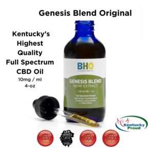 A 4 oz bottle of Genesis Blend Full Spectrum CBD oil on a white background. The bottle is dark to preserve the oil's quality, with a clear label displaying the Genesis Blend logo and product information. The bottle features a dropper for precise dosing.