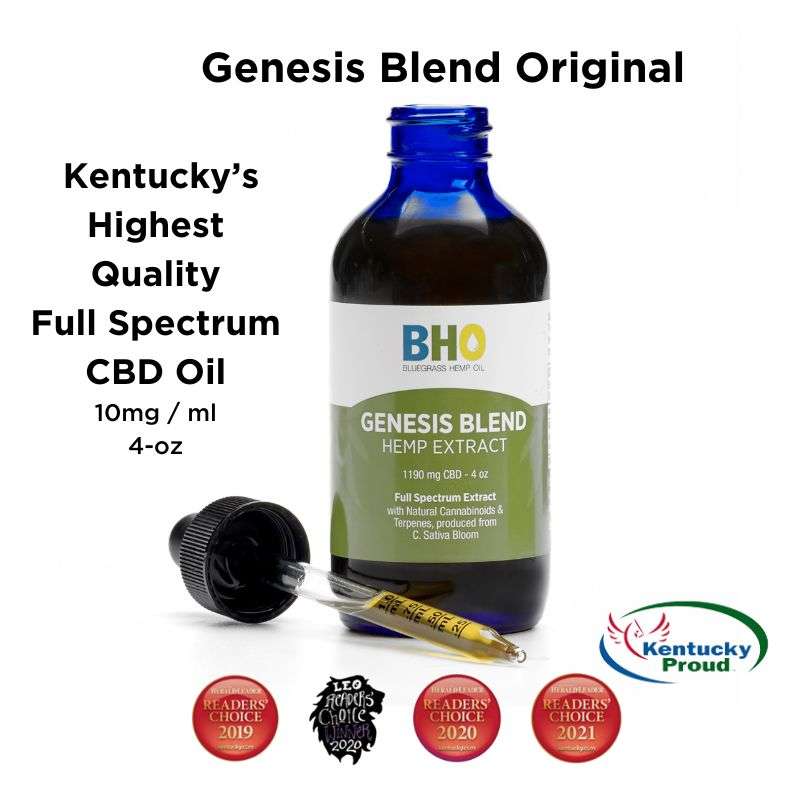 A 4 oz bottle of Genesis Blend Full Spectrum CBD oil on a white background. The bottle is dark to preserve the oil's quality, with a clear label displaying the Genesis Blend logo and product information. The bottle features a dropper for precise dosing.