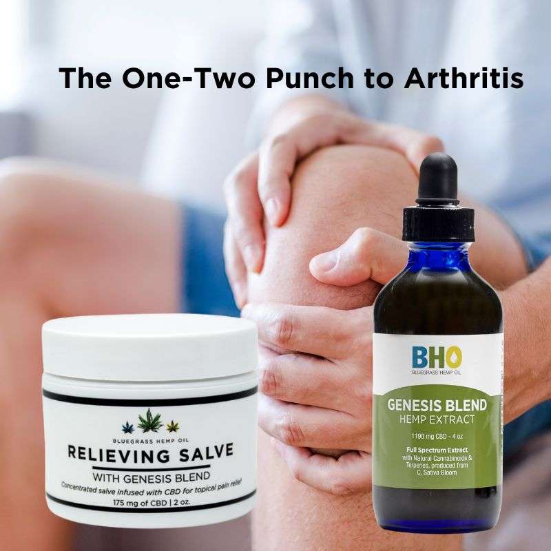A 2 oz jar of Relieving Salve alongside a bottle of Genesis Blend CBD Oil, depicted as a powerful duo for combating arthritis pain.
