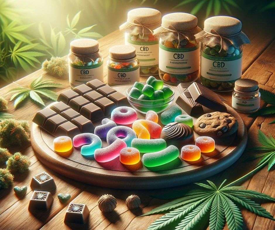 Assortment of CBD edibles including gummies, chocolates, and cookies on a wooden table, surrounded by hemp leaves.