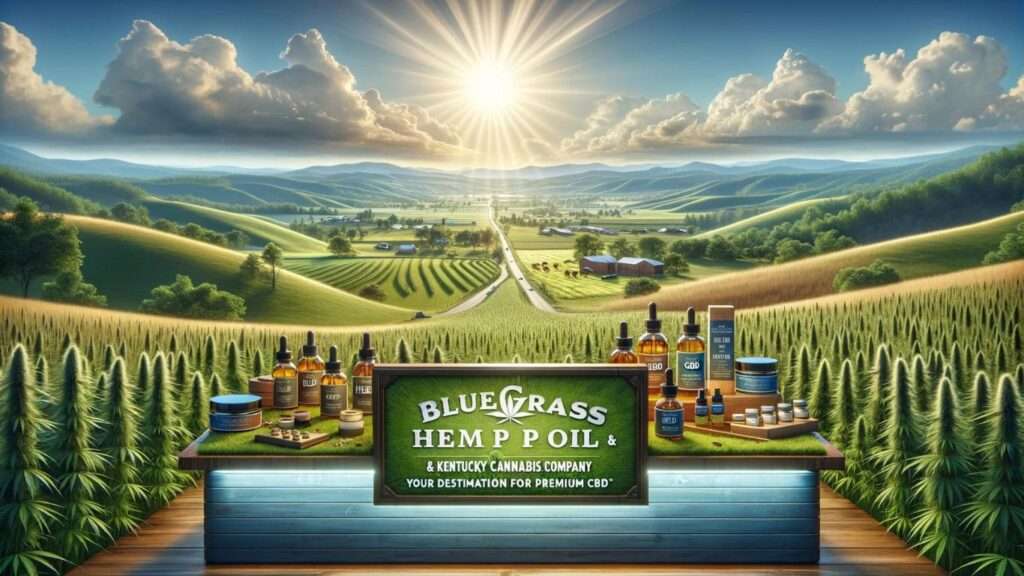 Lush Kentucky landscape with Bluegrass Hemp Oil & Kentucky Cannabis Company signboard, hemp farm in the background, and CBD products on display.