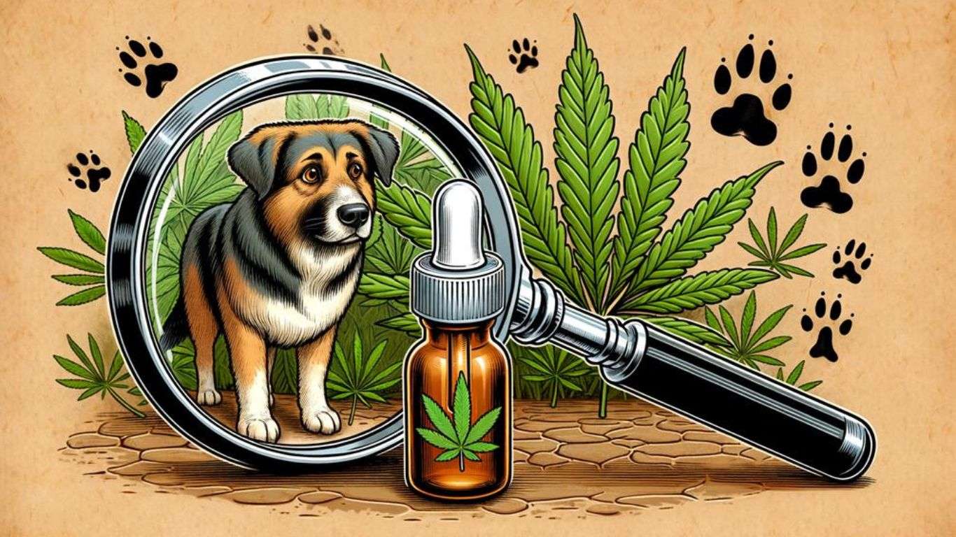 A curious dog peering through a magnifying glass, symbolizing a detailed investigation into the benefits of CBD for dogs