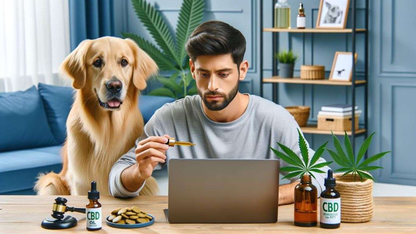 A golden retriever looks up trustingly at its owner who is measuring a dose of Unruffled CBD Oil for Dogs, aiming to alleviate the pet's pain