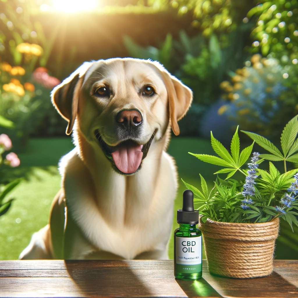 Healthy Labrador Retriever sitting next to a bottle of Full Spectrum CBD oil in a sunny park setting, symbolizing pet wellness and natural care.