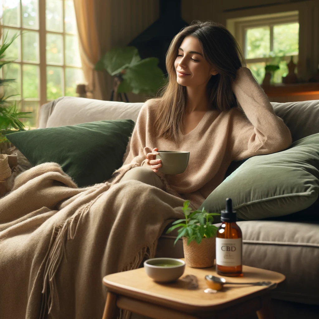 A woman relaxing on a couch with a blanket and a cup of tea, with a bottle of CBD oil on a side table, in a cozy living room overlooking a garden.