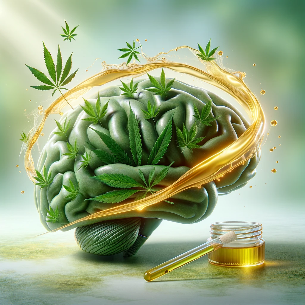 Digital illustration of a brain made of green leaves, surrounded by a swirl of golden oil, representing the health benefits of CBD and MCT oil.