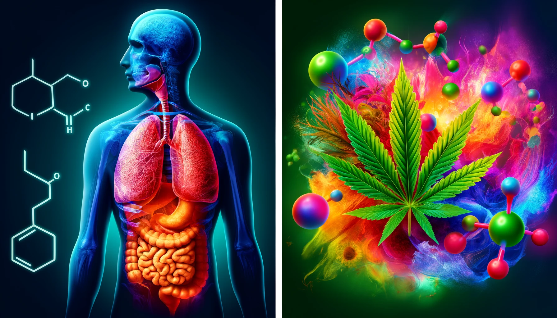 An illustrative comparison of natural cannabinoid delivery with human anatomy and molecular interaction, showcasing a vivid cannabis leaf and colorful, abstract molecular structures.