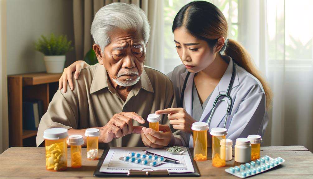 An elderly man sitting at a table with a younger nurse, both examining a variety of medication bottles spread out before them.
