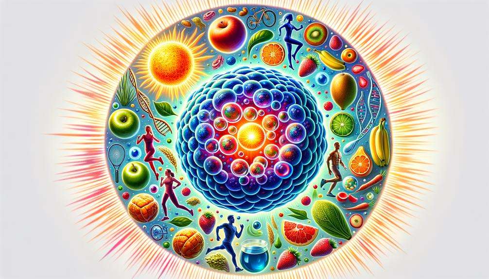 High-definition graphic of a phospholipid molecule surrounded by symbols including fruit, exercising figures, DNA strands, and neurological brain icons, illustrating its diverse biological roles.