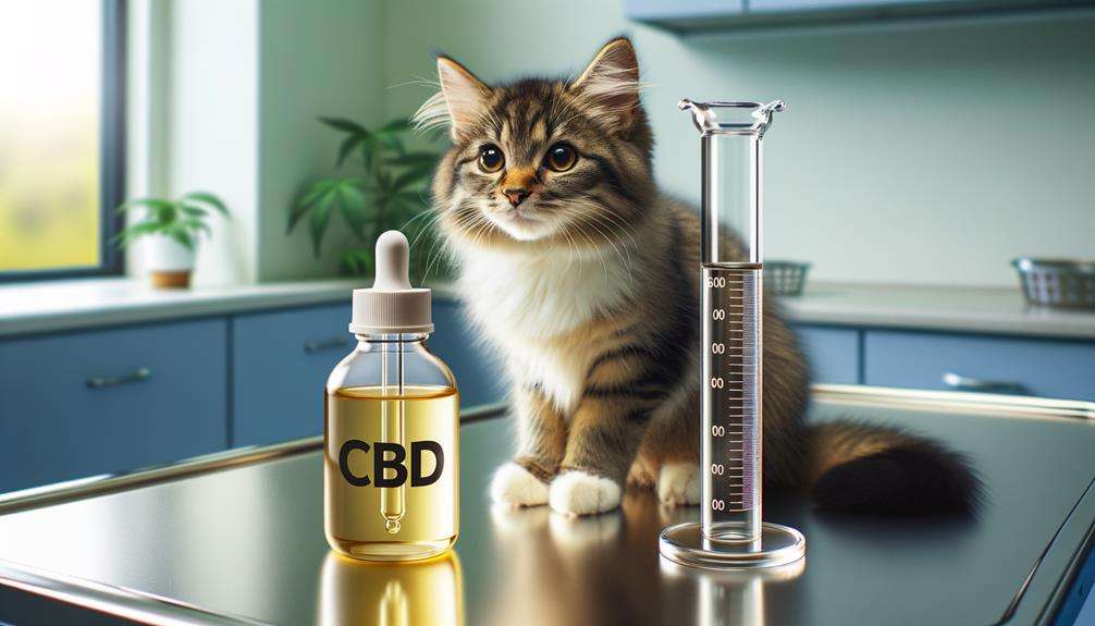 A cat sitting calmly next to a bottle of Unruffled CBD oil for pets on a serene blue background.