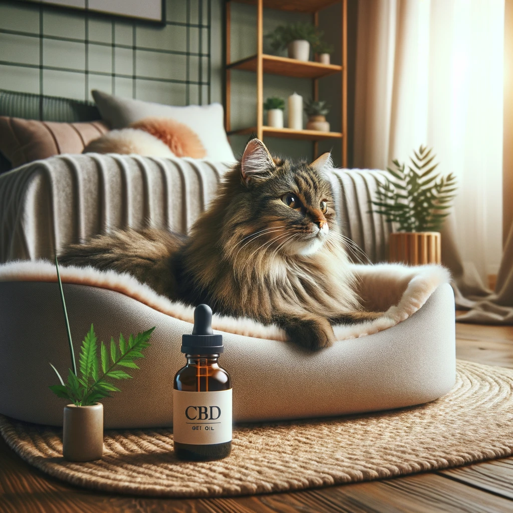 A calm tabby cat resting on a cozy bed with a bottle of CBD oil and plants in the background, taken from a Dutch angle.