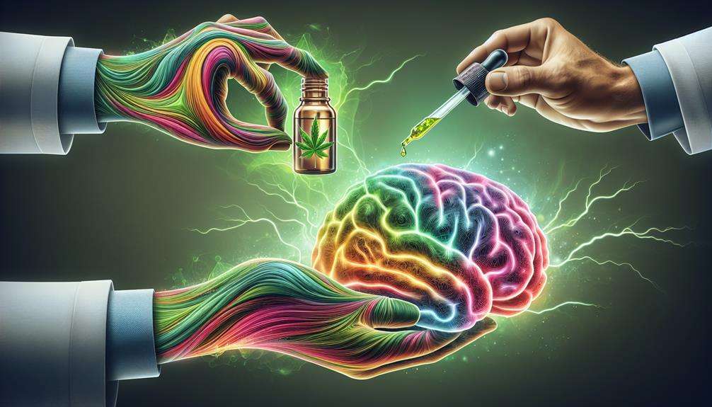 HD graphic of human brain with electric waves, and Genesis Blend CBD oil and dropper as natural epilepsy treatment