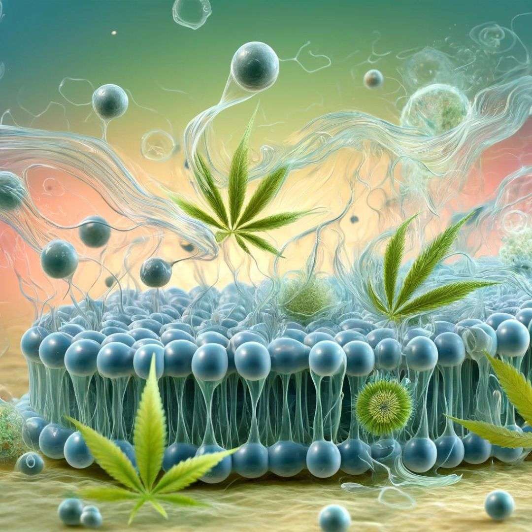 Scientific illustration showing cannabinoids interacting with a cell membrane composed of phospholipids, depicted with distinct organic-shaped molecules being absorbed by fluid-like phospholipid structures with clear hydrophilic heads and hydrophobic tails.