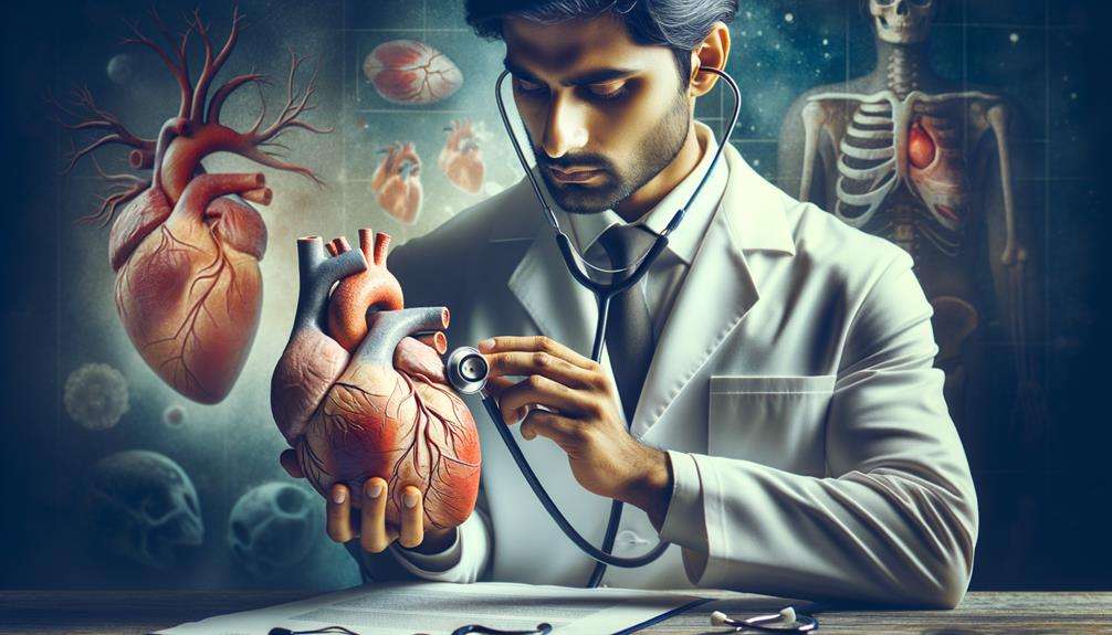 A doctor analyzing a 3D holographic image of a heart, signifying a deep investigation into physician-induced heart disease.
