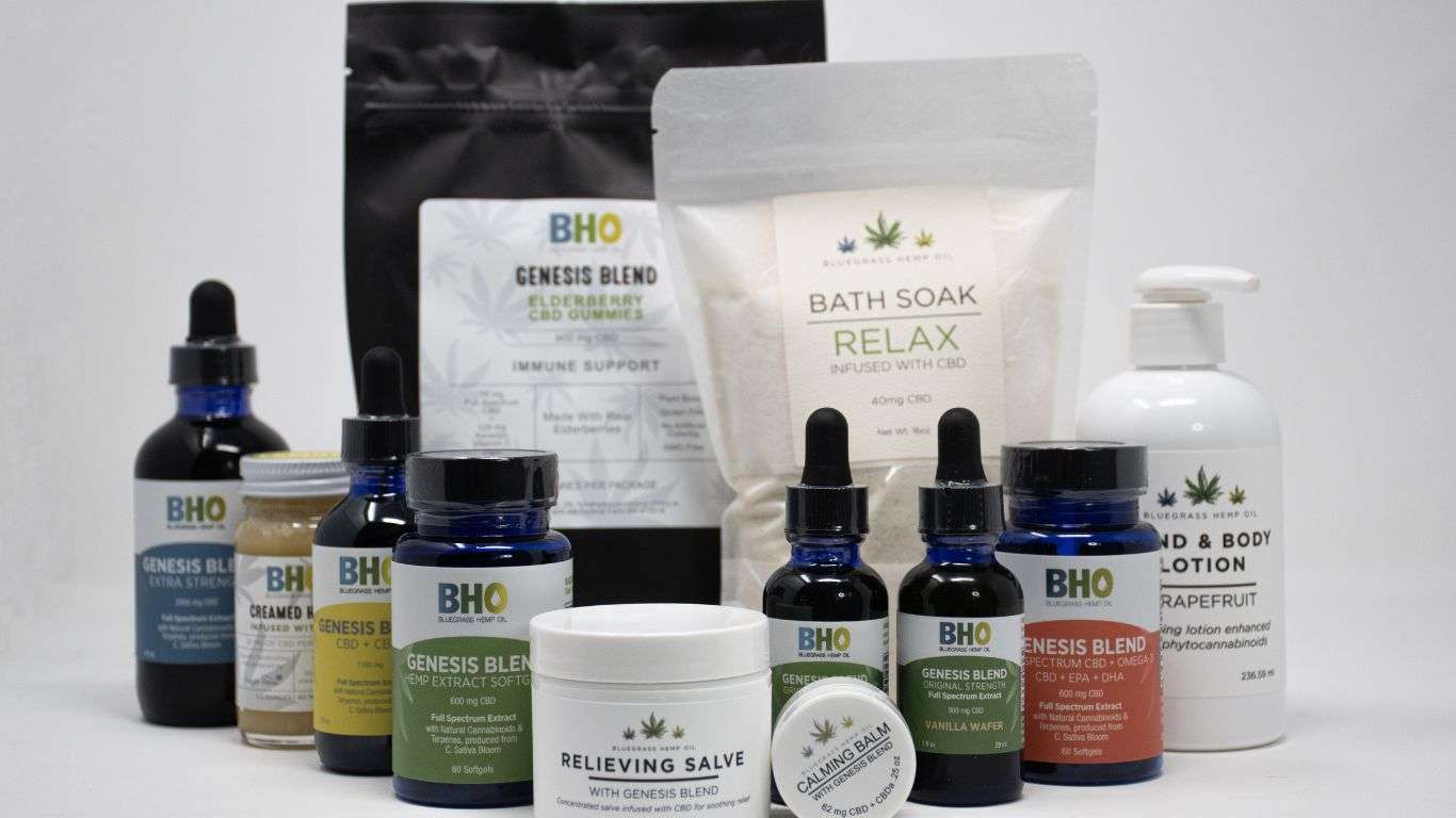 Group shot of various CBD products from Bluegrass Hemp Oil, including oils, balms, and capsules.