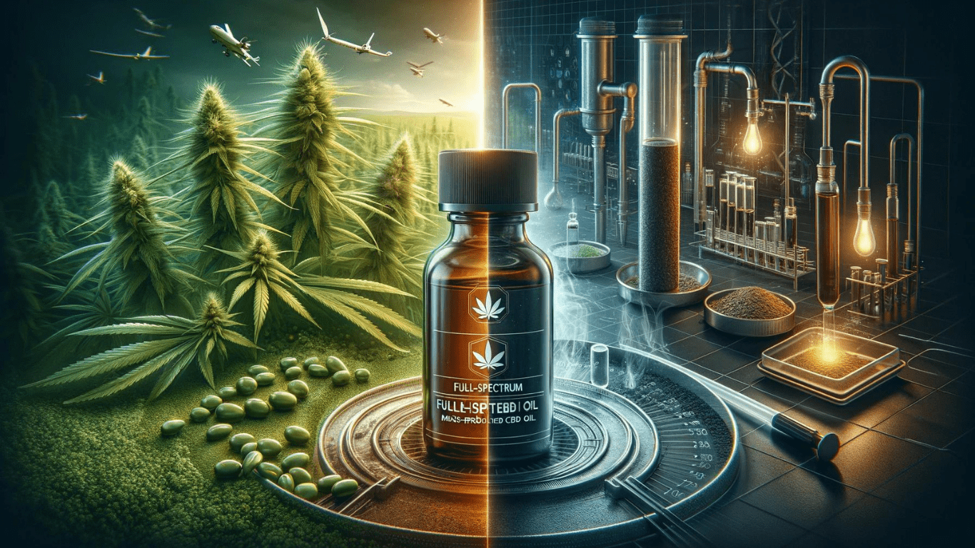 Contrast between high-quality full-spectrum CBD oil and mass-produced Haralson's own isolated CBD oil, highlighting the difference in natural benefits and production quality.