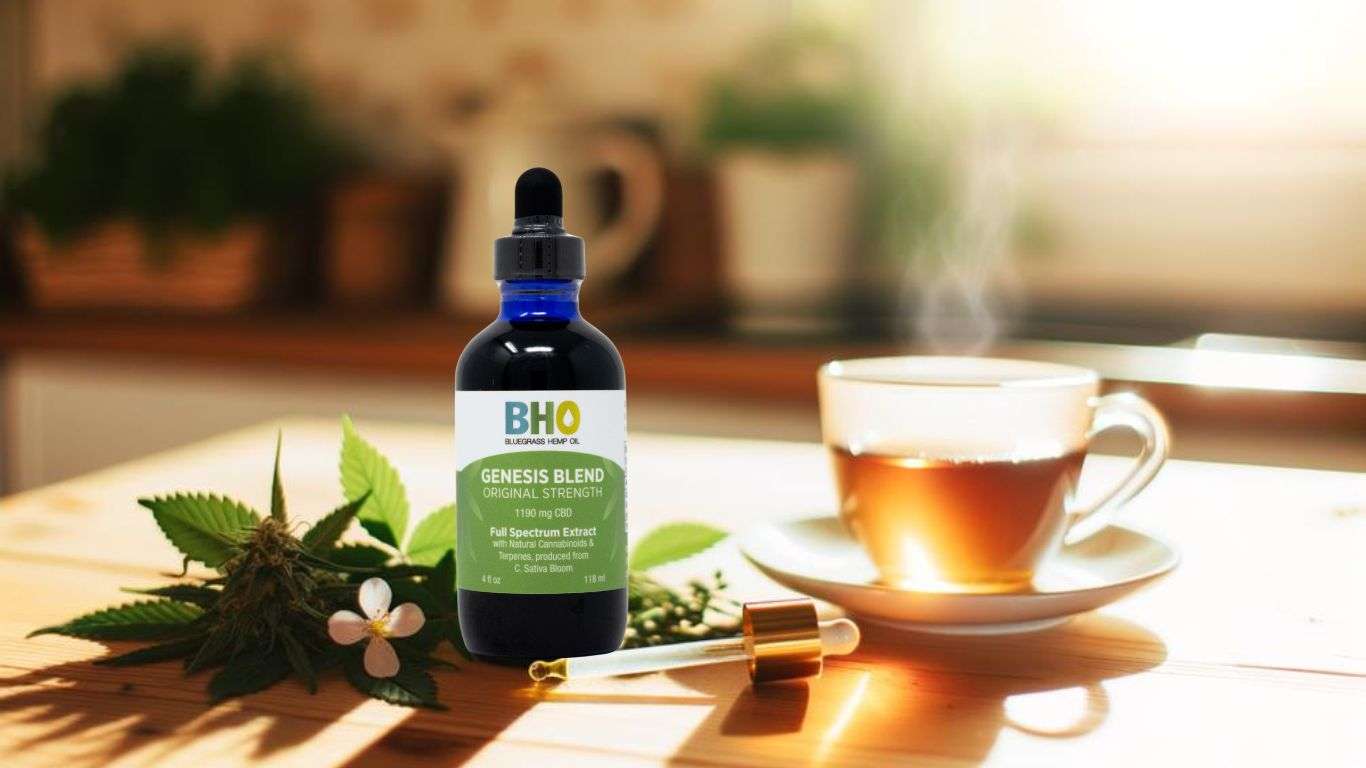 A bottle of Genesis Blend CBD Tincture next to a cup of coffee on a table.