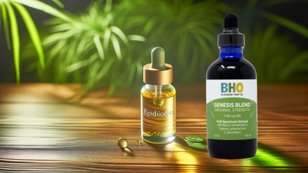 Comparison of Epidiolex and Genesis Blend CBD Oil, highlighting the differences between isolated CBD and full-spectrum CBD products with a vibrant natural background.