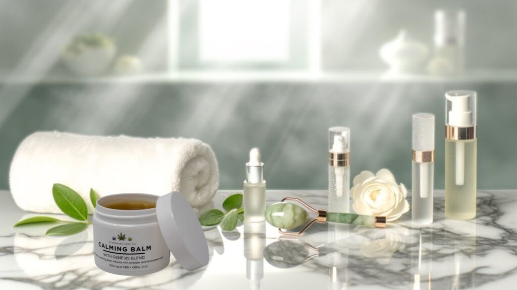 Bathroom counter with skin care products, featuring Genesis Blend CBD Balm for skin care on the left side, the perfect skin care balm for sensitive and dry skin.