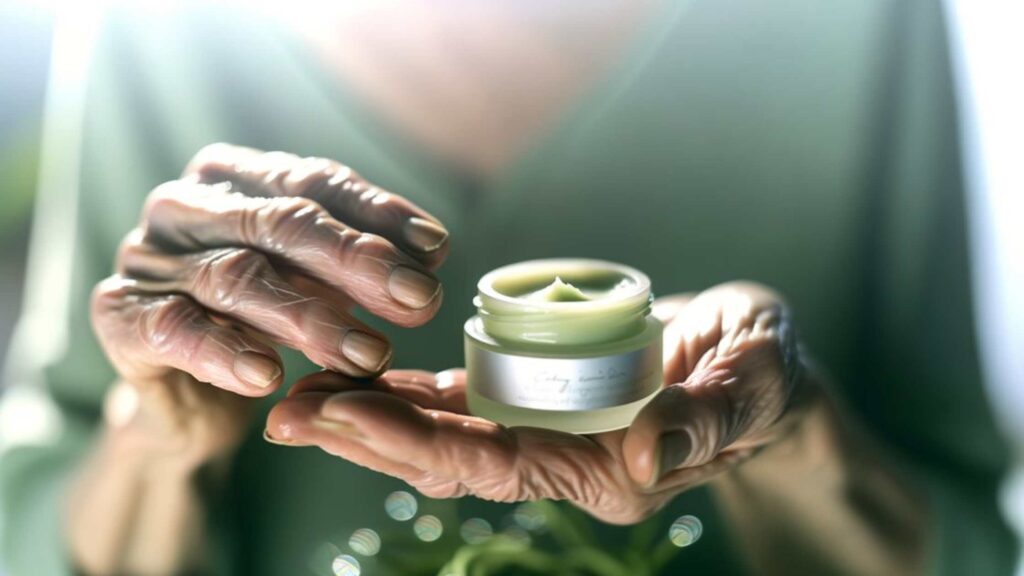 Close-up of dry, cracked hands holding a jar of Genesis Blend CBD Calming Balm from Bluegrass Hemp Oil, crafted by Kentucky Cannabis Company to soothe and moisturize skin.
