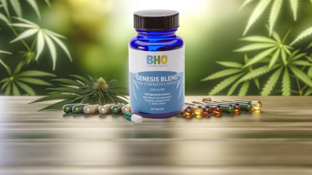 A bottle of Genesis Blend CBD pills from Bluegrass Hemp Oil, Kentucky’s trusted leader in full-spectrum CBD products.